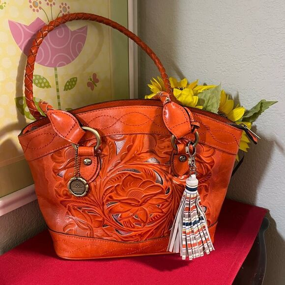 NWOT Patricia Nash “Broncos” Leather Zorita Tool Vibrant Orange Embossed Satchel - Picture 14 of 15